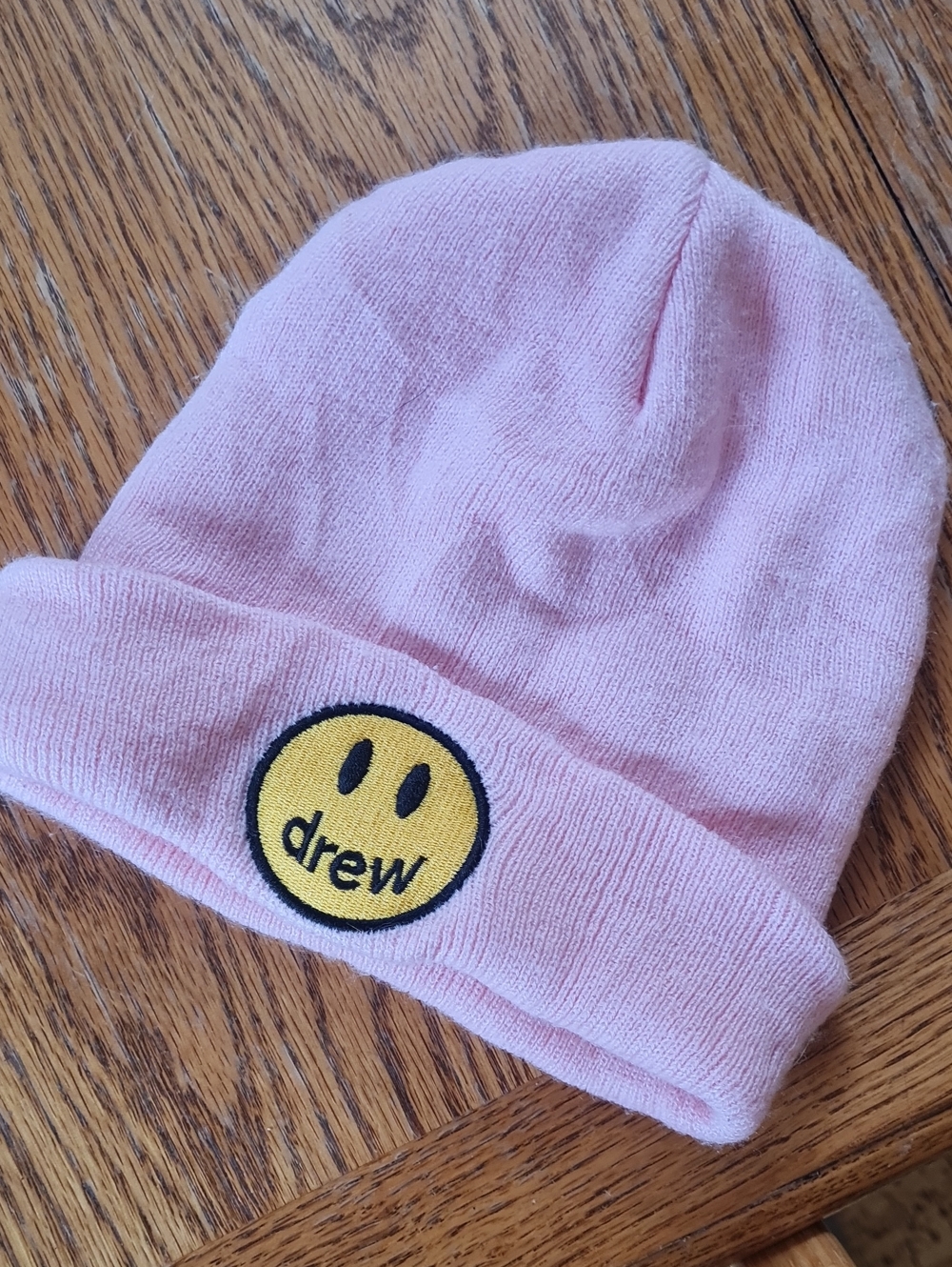 drew house Light Pink Beanie with Yellow Smiley Patch